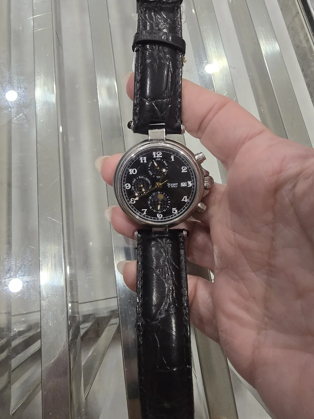Men's Black Dial Chronograph Watch with Black Leather Strap
